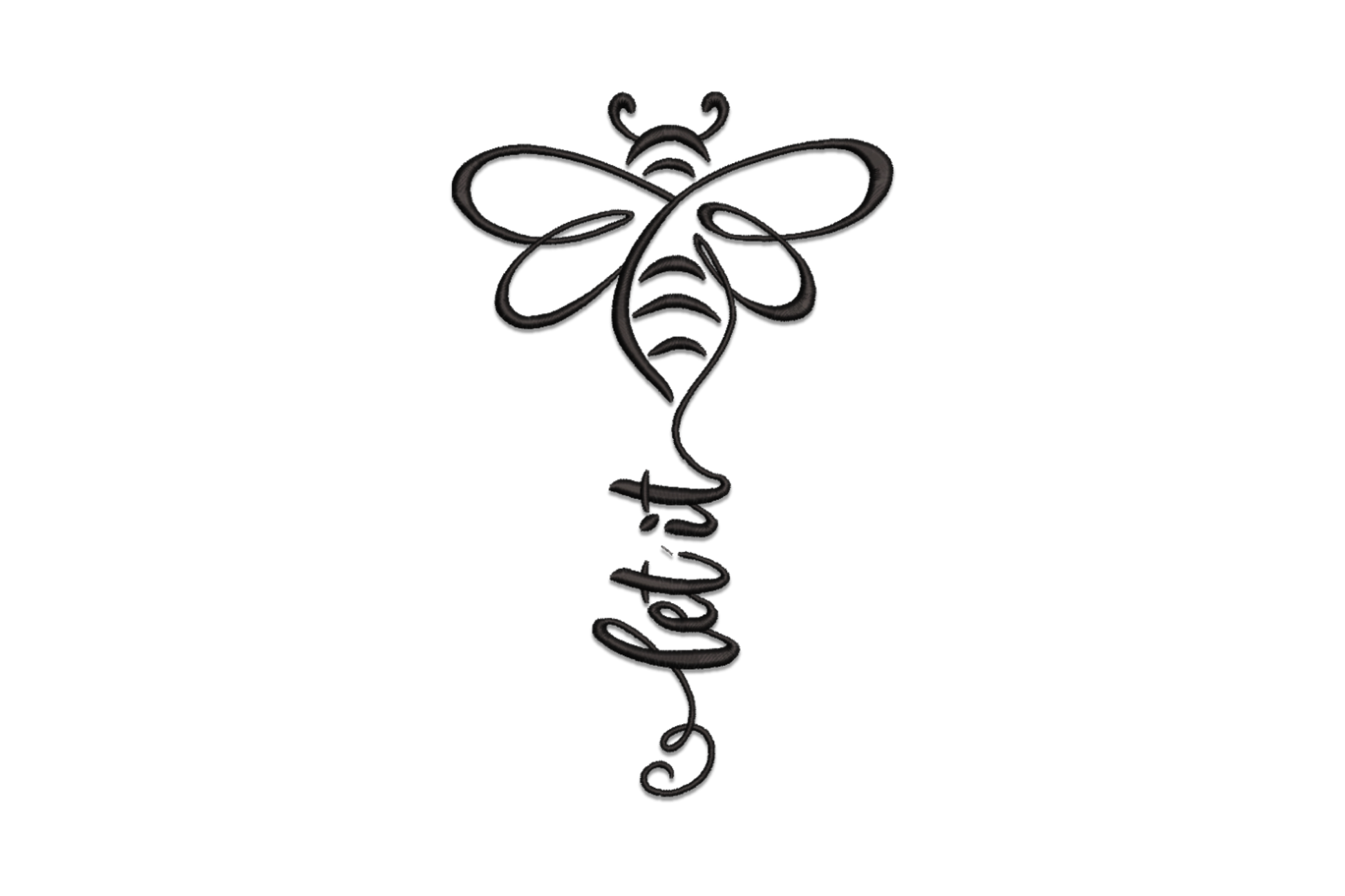 Minimalist single-line bee embroidery with let it cursive script flowing below in solid black thread.
