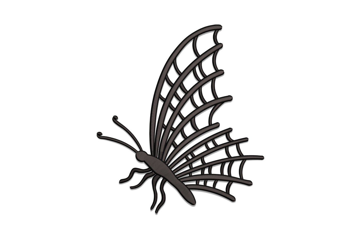 Minimalist black butterfly machine embroidery design with open lattice wing veining, single colour, for tote or denim.