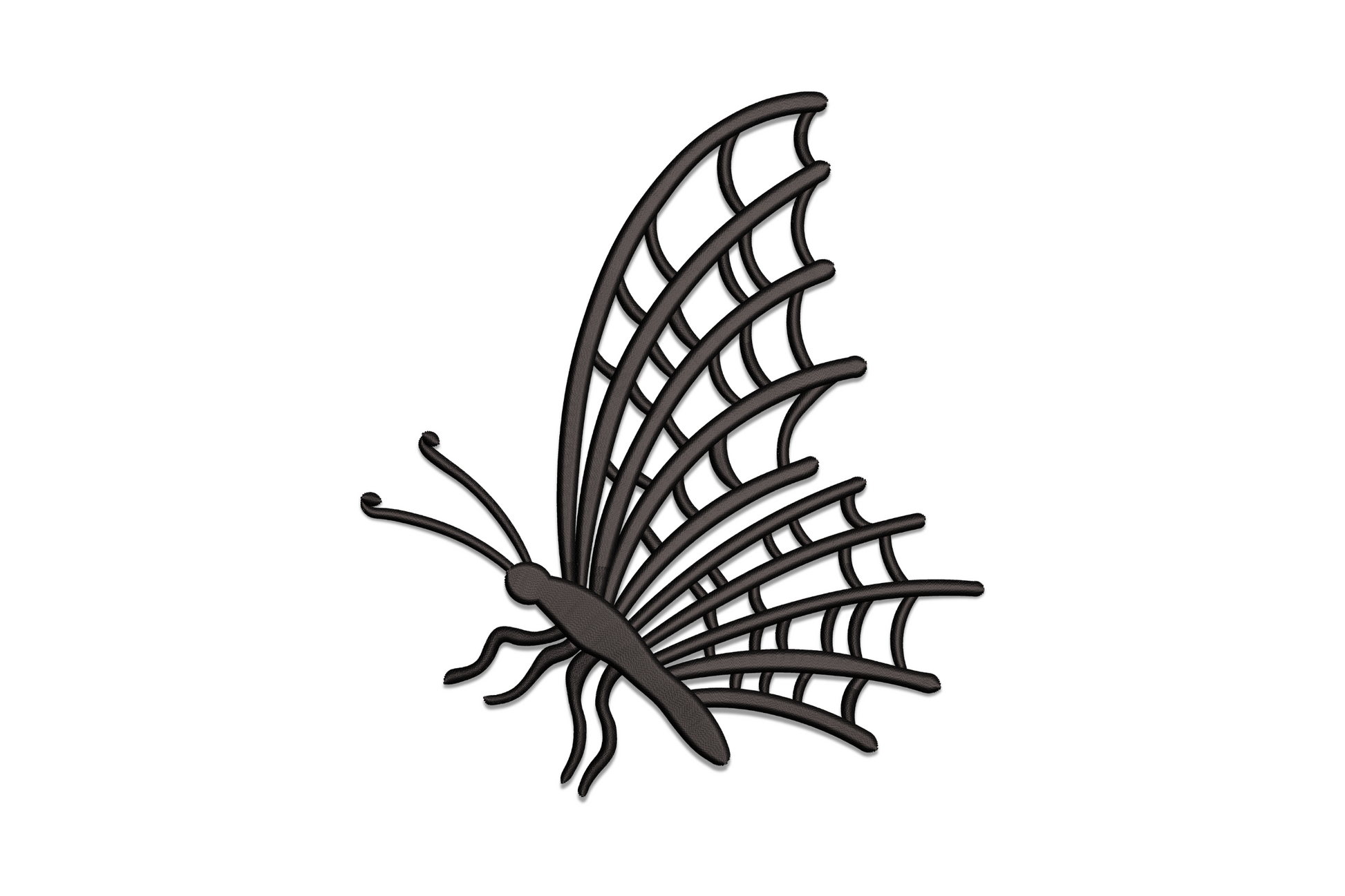 Minimalist black butterfly machine embroidery design with open lattice wing veining, single colour, for tote or denim.