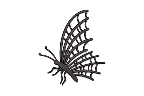 Minimalist black butterfly machine embroidery design with open lattice wing veining, single colour, for tote or denim.