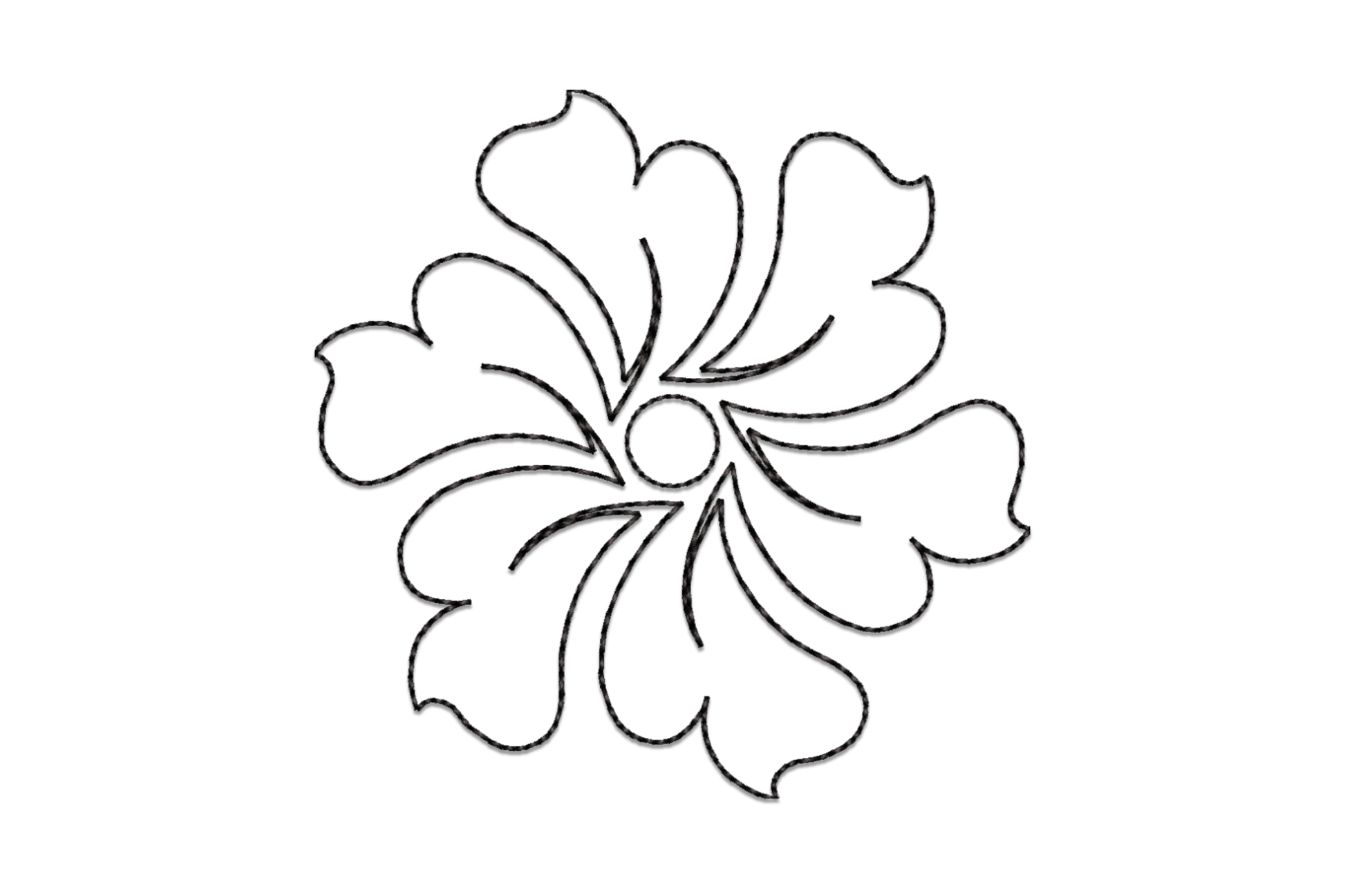 Minimalist black floral outline embroidery design with thin run-stitch petals and open centre, single colour.