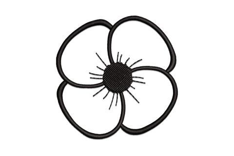Minimalist black flower outline embroidery on white background, fine satin-line petals with open centre and no fill.