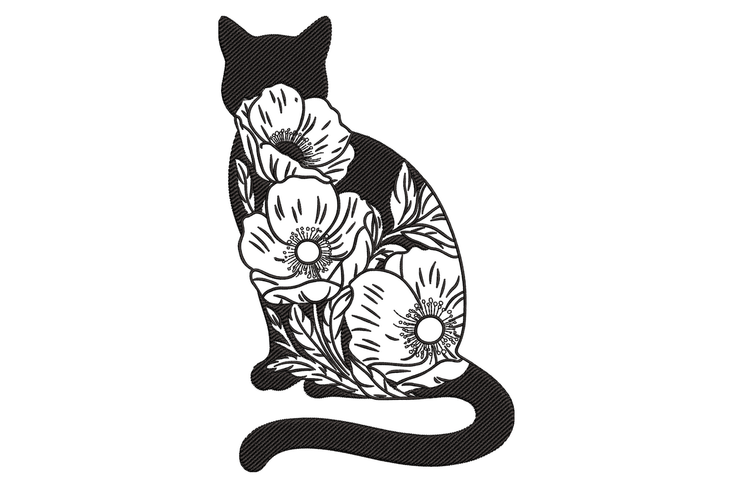 Minimalist botanical cat embroidery, seated cat silhouette filled with poppies and leaves, bold black graphic line art.