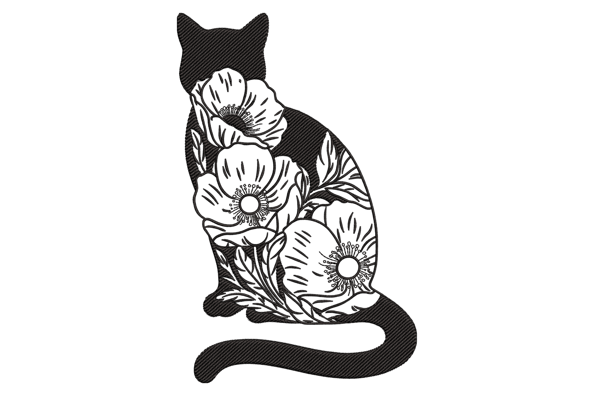 Minimalist botanical cat embroidery, seated cat silhouette filled with poppies and leaves, bold black graphic line art.