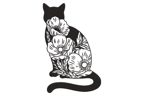 Minimalist botanical cat embroidery, seated cat silhouette filled with poppies and leaves, bold black graphic line art.
