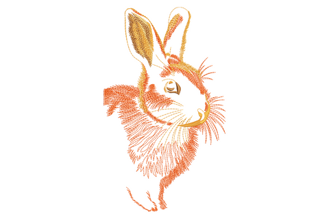 Minimalist rabbit embroidery in terracotta and burnt gold with loose open radiating stitch lines, upright bunny portrait.