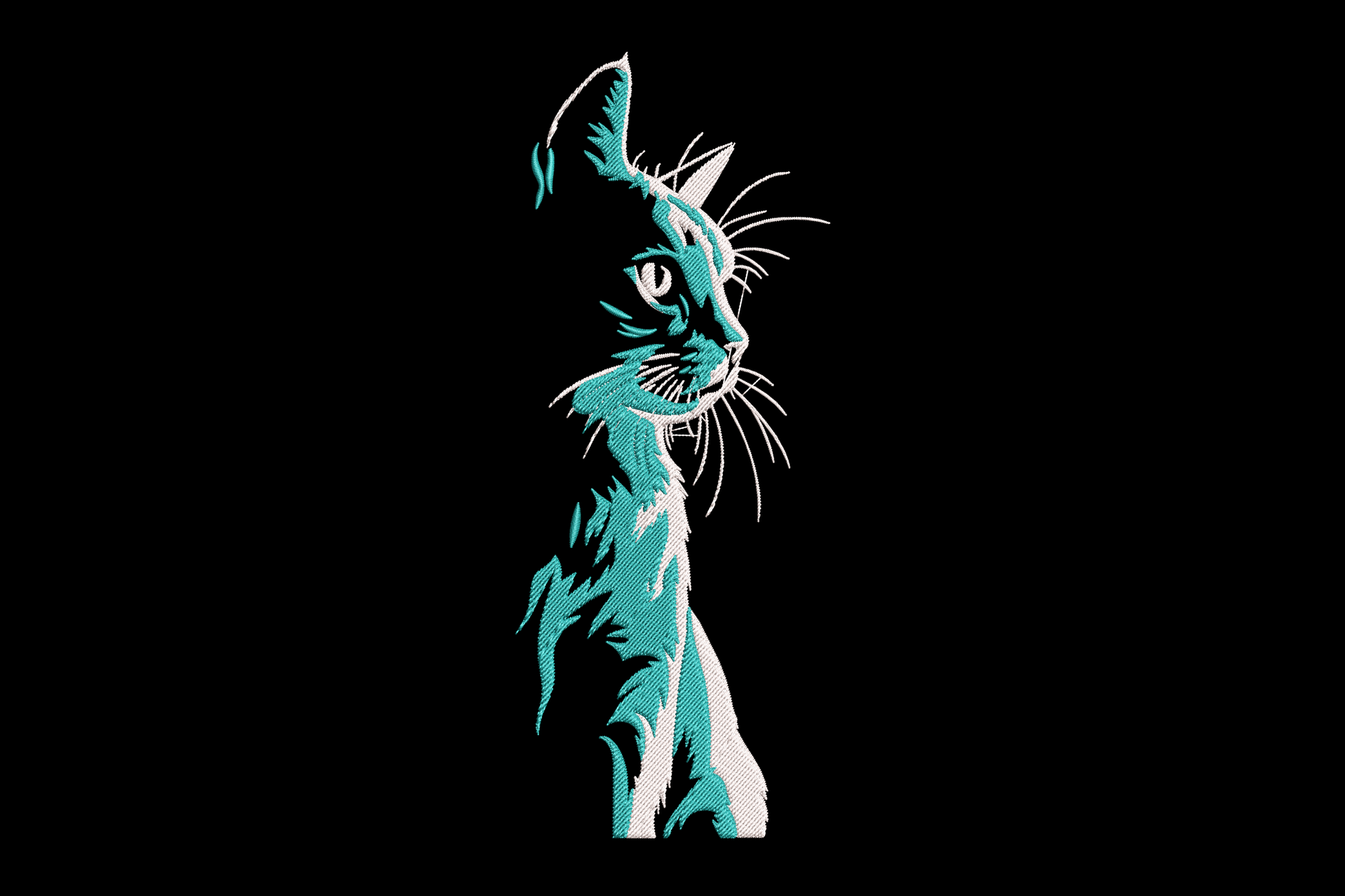 Minimalist cat embroidery design in teal and white, side profile with head tilted back, open brush-stroke fill style on white background