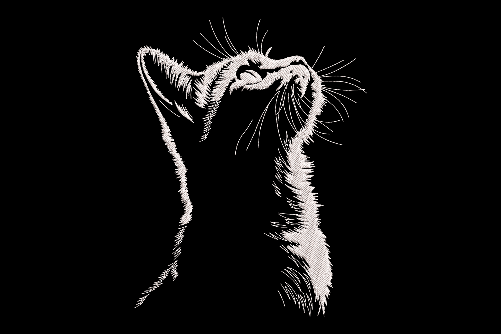 Minimalist cat head embroidery, kitten portrait looking upward with fine sketch lines, cross-hatching and long whiskers.