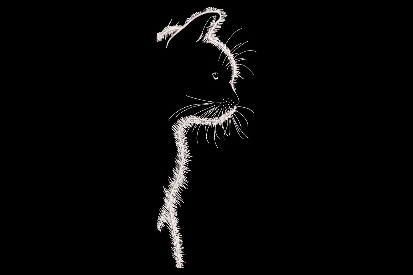 Machine embroidery design, minimalist cat outline in scratch-art style, single thread, profile with whisker spray