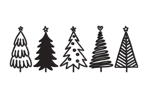 Minimalist Christmas tree line art embroidery design in single colour, tall narrow geometric tree silhouette with clean horizontal branch strokes, no fills or ornaments