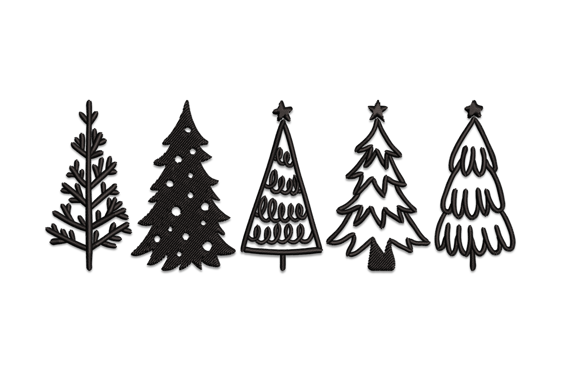 Minimalist Christmas tree single-line outline without fill in clean geometric style, machine embroidery design, single colour, 5 sizes from 1.3 to 2.7 inches wide and up to 7.5 inches tall