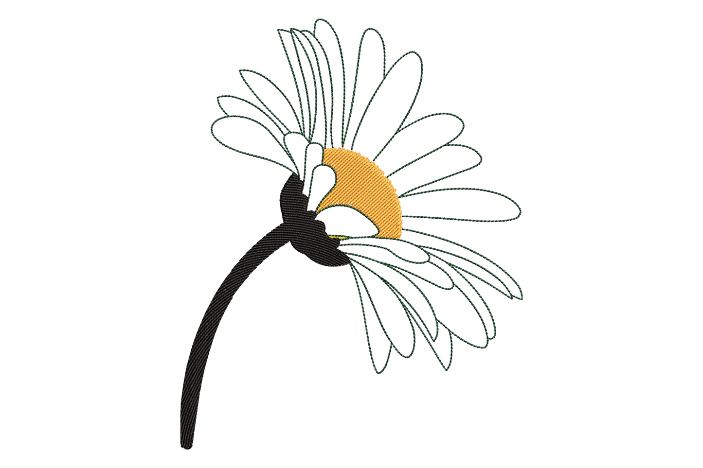Minimalist daisy embroidery design, side-tilted daisy with orange centre and green stem, 4 colors, 9 sizes