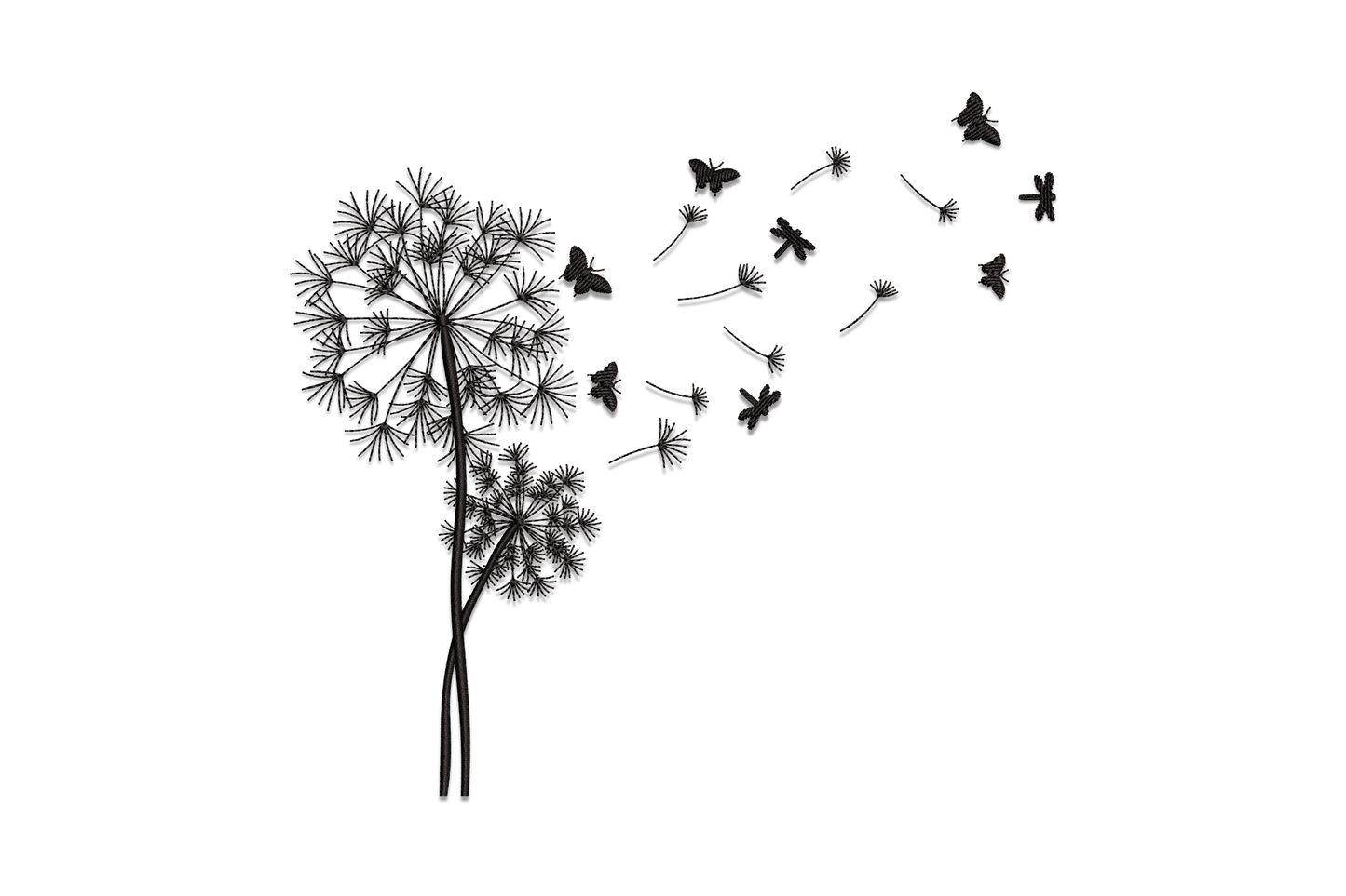 Minimalist machine embroidery design of a black silhouette dandelion with seeds dissolving into small flying butterflies on white background