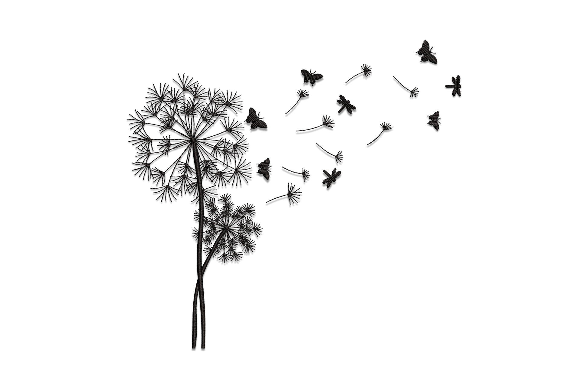 Minimalist machine embroidery design of a black silhouette dandelion with seeds dissolving into small flying butterflies on white background