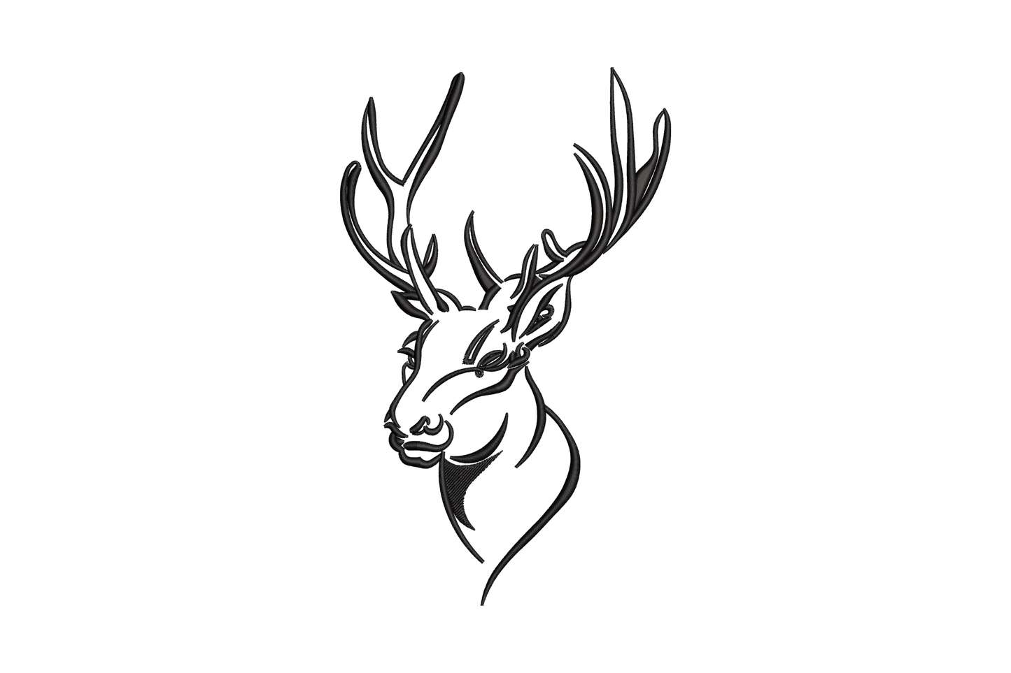 Minimalist deer head line art embroidery design, single black thread side-profile outline with flowing neck ribbon, no fill, 5 sizes 4 to 8 inches wide
