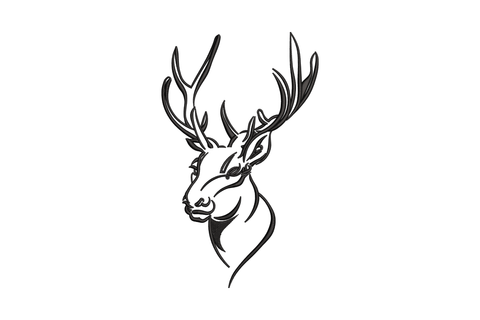 Minimalist deer head line art embroidery design, single black thread side-profile outline with flowing neck ribbon, no fill, 5 sizes 4 to 8 inches wide