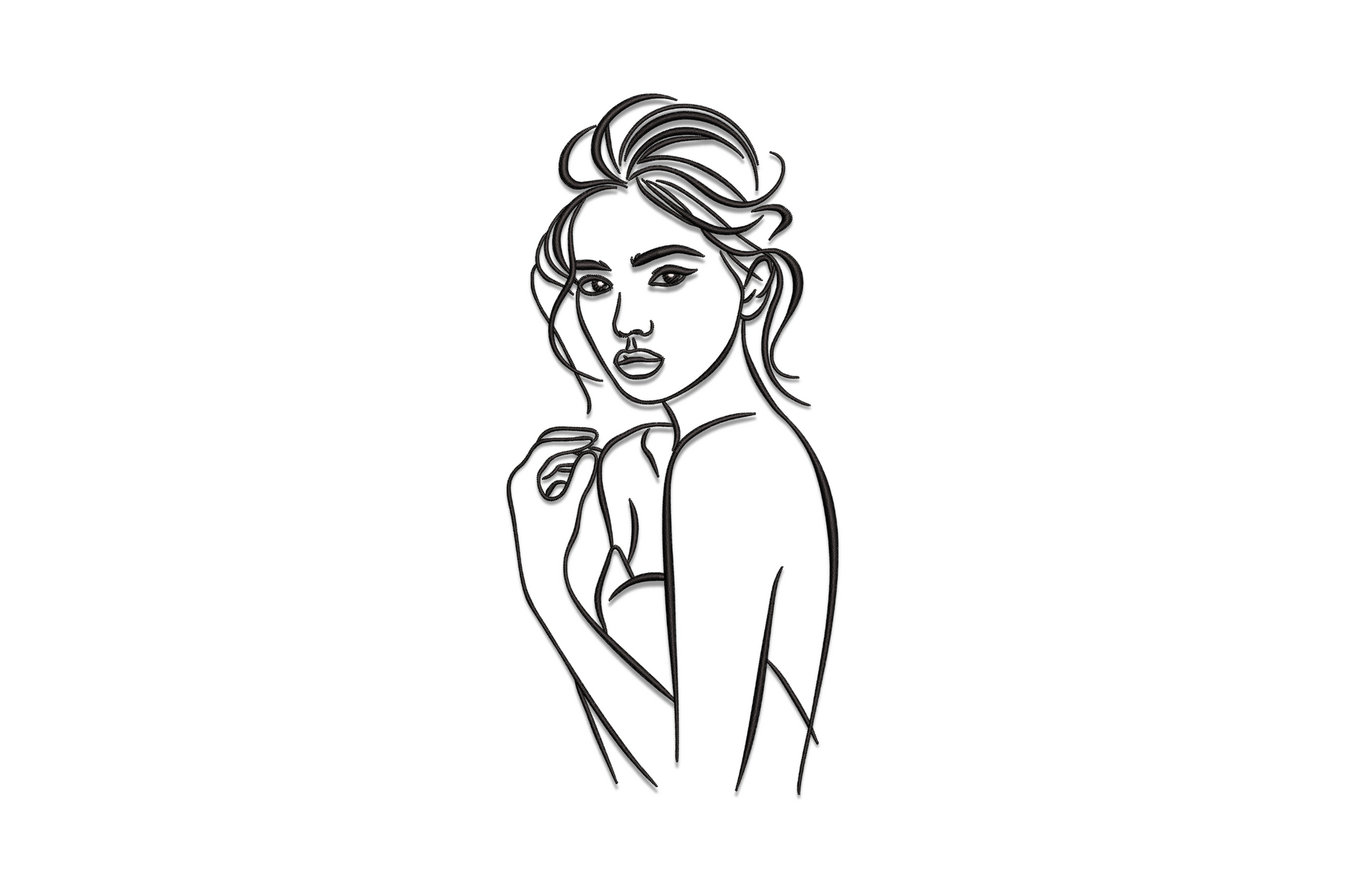 Minimalist two-colour female portrait embroidery design with satin face detailing, 4 sizes from 4.51 to 7.51 inches wide