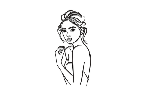 Minimalist two-colour female portrait embroidery design with satin face detailing, 4 sizes from 4.51 to 7.51 inches wide