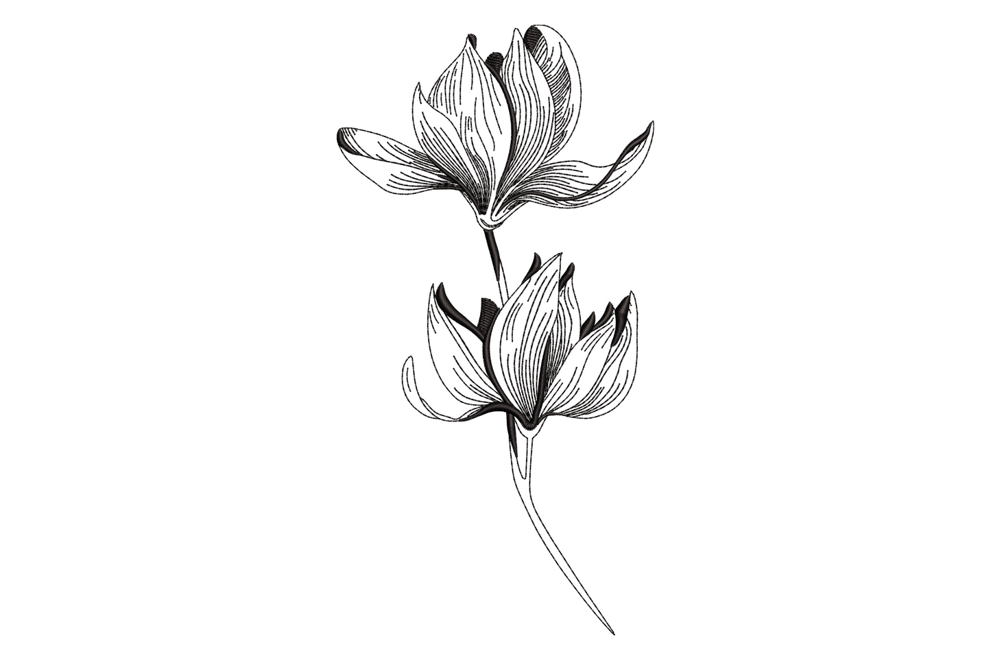 Minimalist floral embroidery design with single flower line art in rose gold on white pique, low density running stitch outline