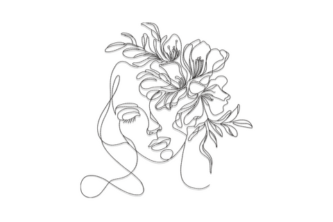 Minimalist single-colour line art embroidery of a woman with flowers in her hair, 5 sizes from 3.5 to 7.5 inches