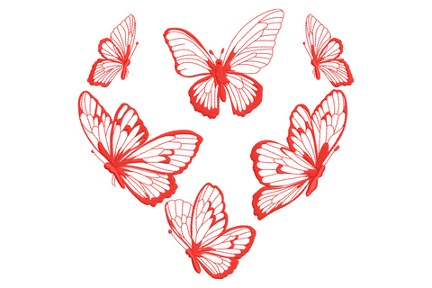 Minimalist flying butterflies embroidery, seven red butterflies arranged in a heart shape with delicate wing vein lines.