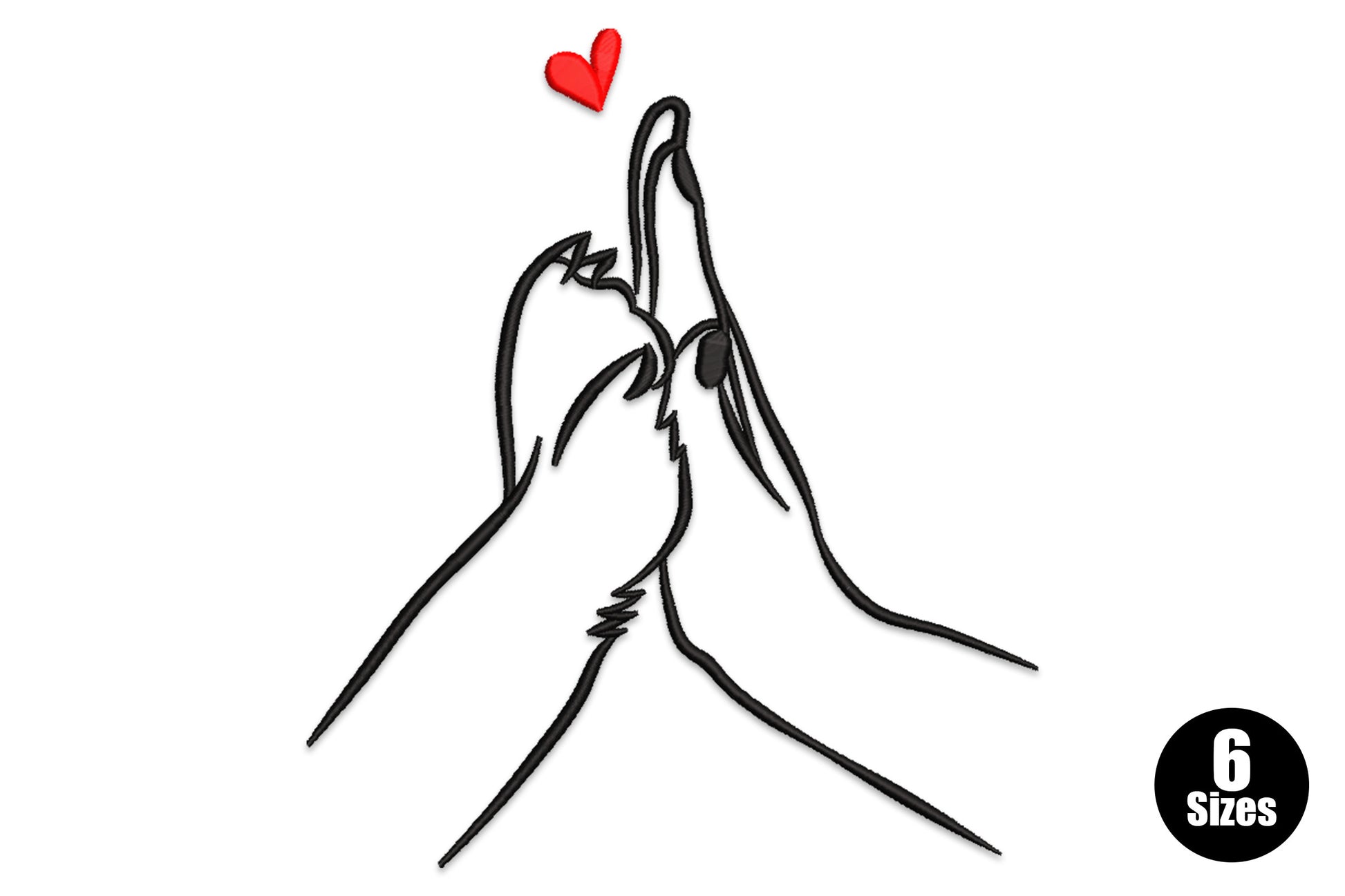 Minimalist embroidery design of two hands forming a finger heart in black line art with a small red filled heart above.