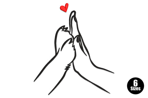 Minimalist embroidery design of two hands forming a finger heart in black line art with a small red filled heart above.