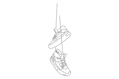Minimalist hanging sneakers embroidery design, pair of shoes dangling by laces in black outline style, 1 color, 9 sizes