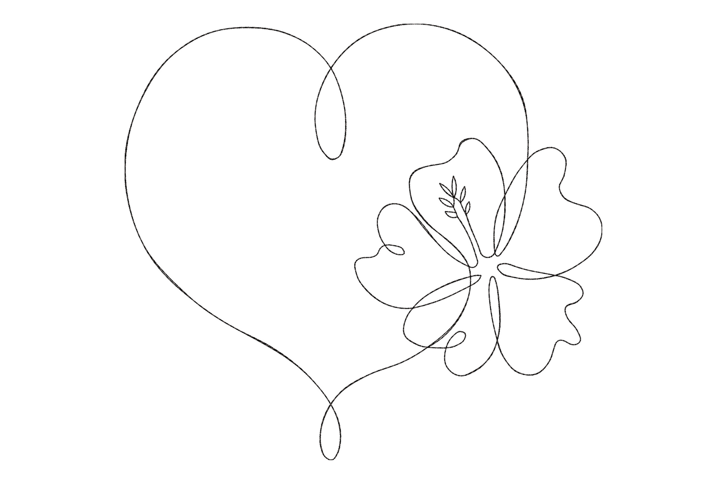 Minimalist heart flower embroidery in single continuous line art, black thread heart outline flowing into a hibiscus bloom.