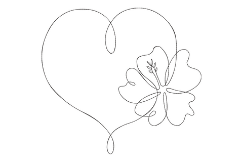 Minimalist heart flower embroidery in single continuous line art, black thread heart outline flowing into a hibiscus bloom.