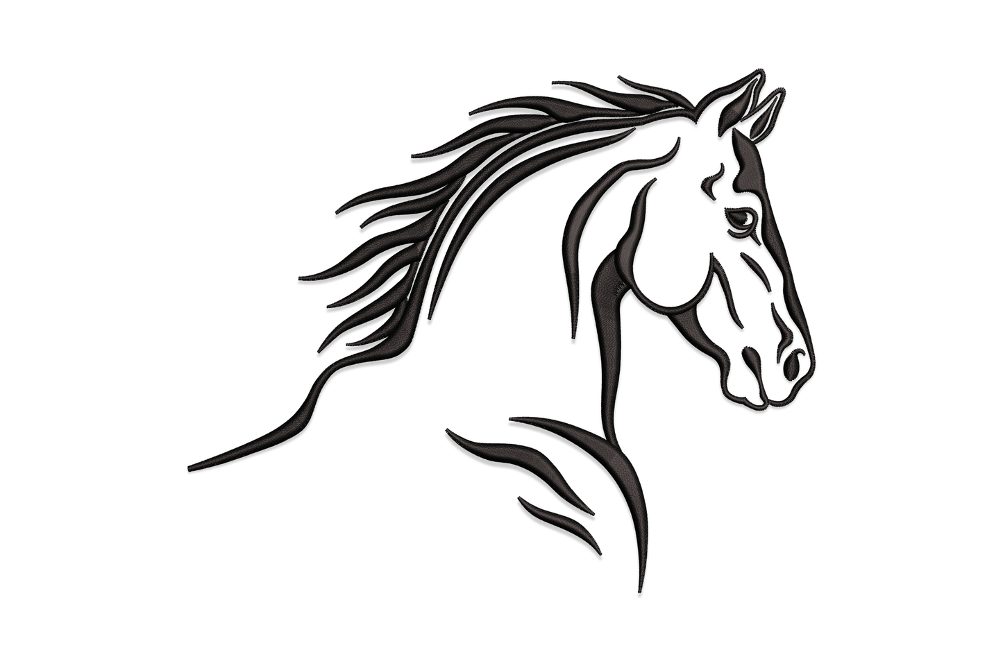 Minimalist horse head line art embroidery design with loose flowing mane in sketch style, single black thread.