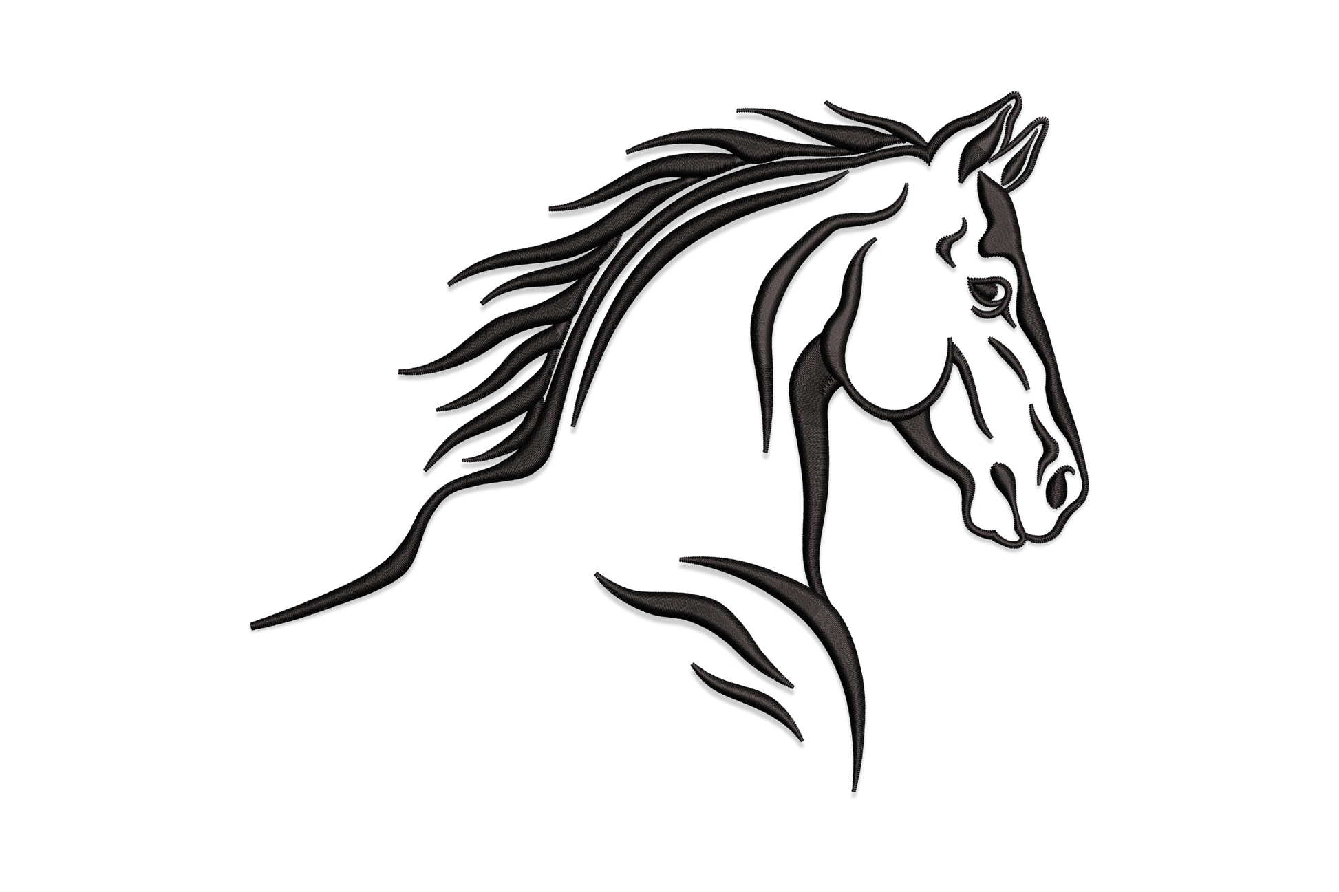 Minimalist horse head line art embroidery design with loose flowing mane in sketch style, single black thread.