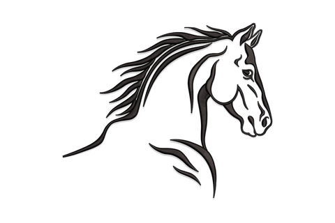 Minimalist horse head line art embroidery design with loose flowing mane in sketch style, single black thread.