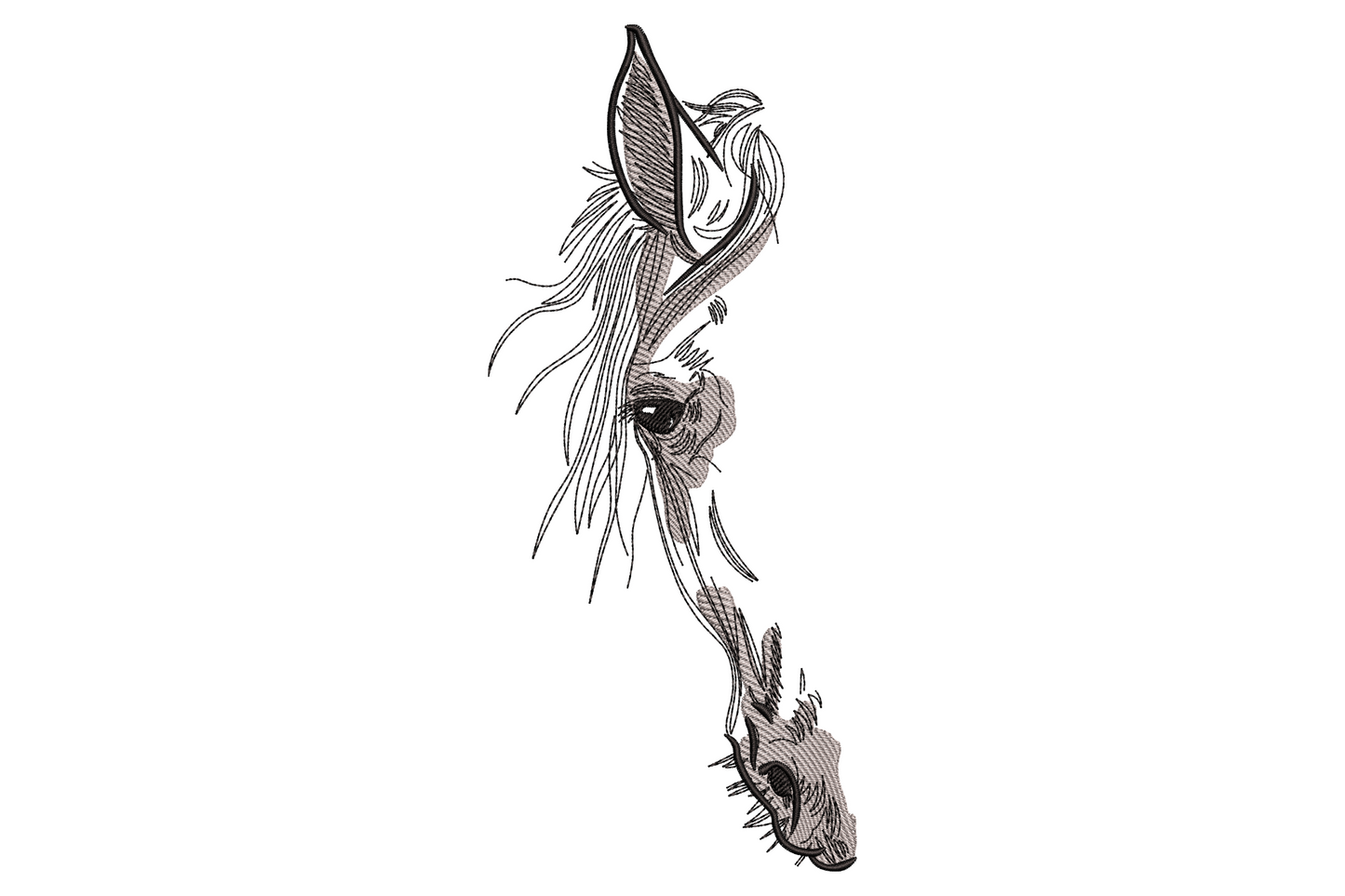 Minimalist horse head embroidery line art with sketchy strokes, ear up, flowing mane and single almond eye in black thread