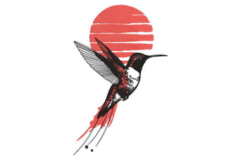 Minimalist hummingbird sunset embroidery, black bird silhouette with red drips against bold red striped circle on white.