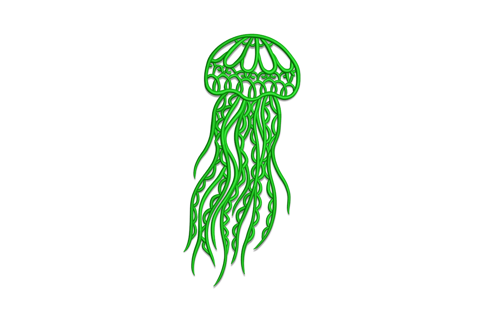 Minimalist jellyfish outline embroidery design, single navy satin line, open lattice dome and flowing tentacles on white pique.