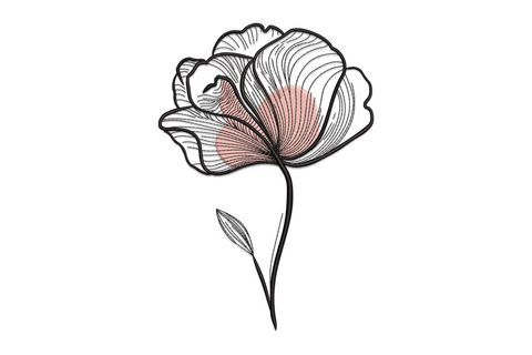 Minimalist line art flower embroidery, blush pink centre fill, black outline petals on a straight stem with two small leaves.