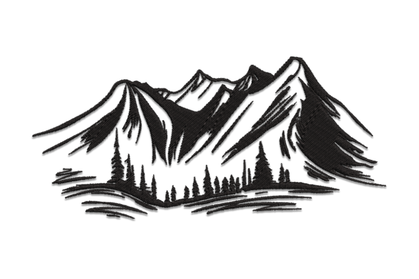 Minimalist mountain landscape embroidery design, single-colour flat silhouette of a wide ridge line on white background.