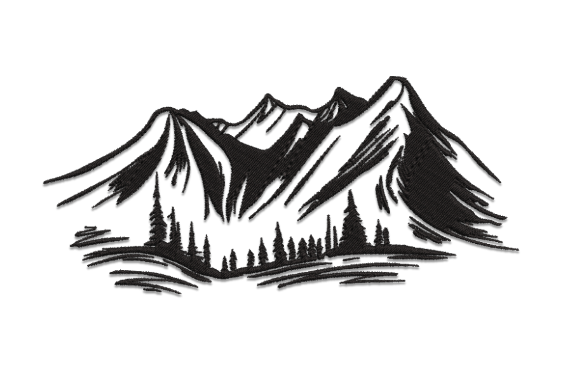Minimalist mountain landscape embroidery design, single-colour flat silhouette of a wide ridge line on white background.