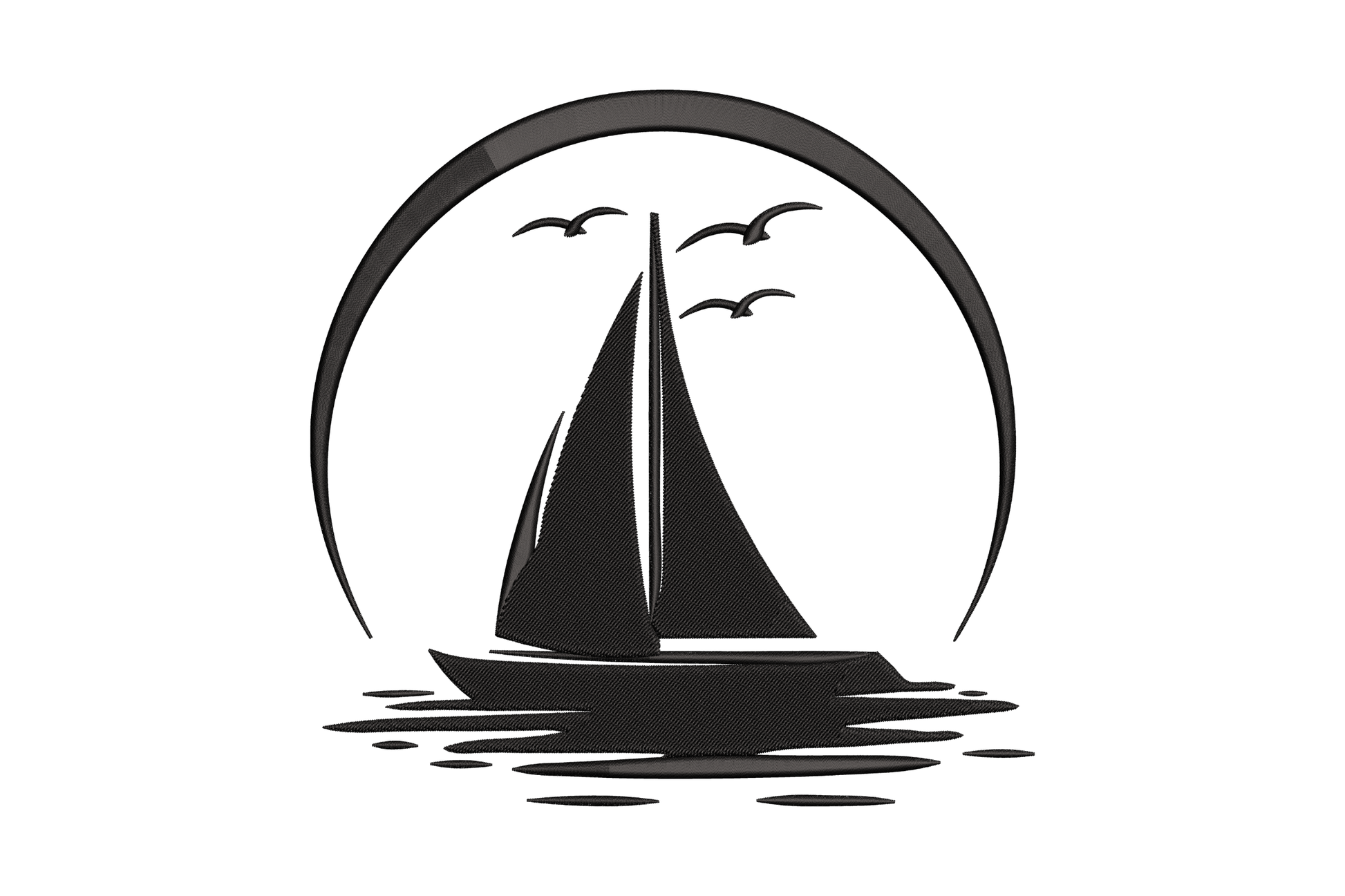 Minimalist sailboat sunset embroidery design, circle frame with seagulls, 5 sizes 3.5 to 7.5 inches, black silhouette