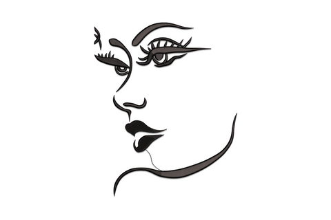 Minimalist line art embroidery of a woman face profile with bold satin lashes and lips, single black thread design