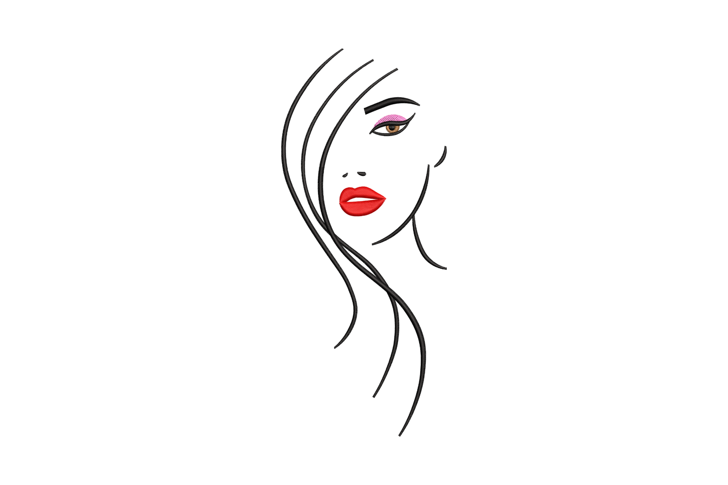 Minimalist woman face line art embroidery design with flowing black hair, red satin lips, pink eyeshadow and brown eye detail.