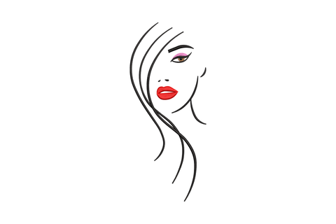Minimalist woman face line art embroidery design with flowing black hair, red satin lips, pink eyeshadow and brown eye detail.
