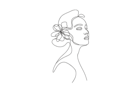 Minimalist woman line art embroidery with flowing hair and single flower, one-line portrait style in black thread on cream fabric