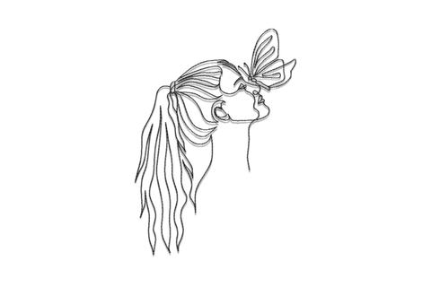 Minimalist woman butterfly line art embroidery, side profile face with flowing hair and single butterfly near her face in black outline