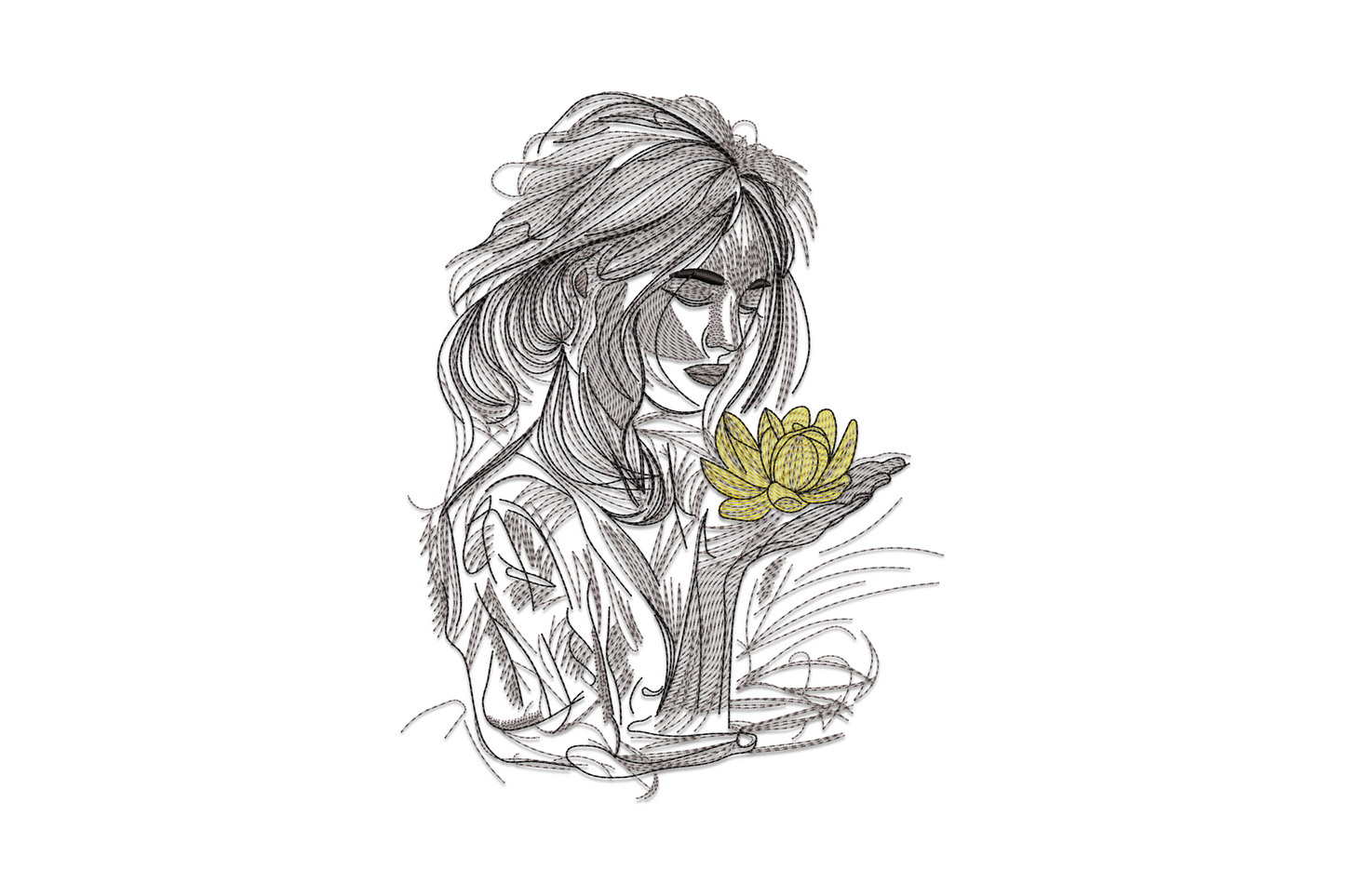 Sketch-style woman with flowing hair cupping a golden lotus flower in grey-black thread with a single gold accent.
