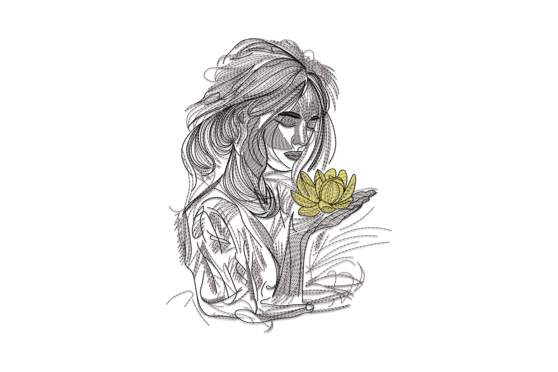 Sketch-style woman with flowing hair cupping a golden lotus flower in grey-black thread with a single gold accent.