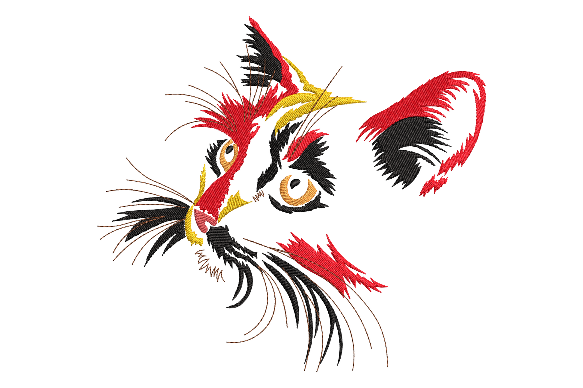 Abstract cat face embroidery design with wild spiky fur in red and black, golden yellow accents, and amber eye detail