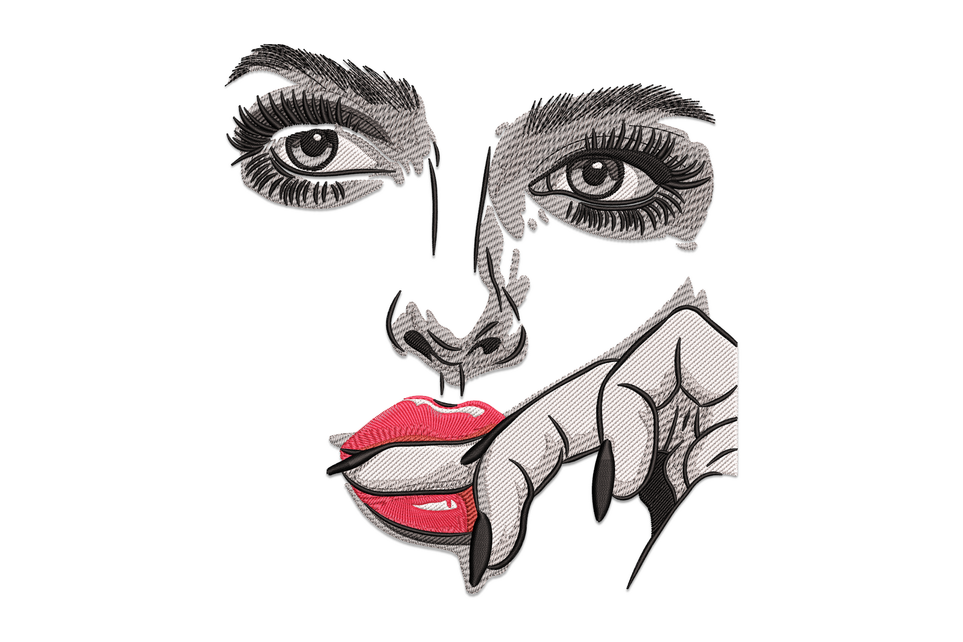 Abstract continuous line-art woman face embroidery with bold flowing outline, oversized almond eye in terracotta, ochre hair, machine embroidery design on white background