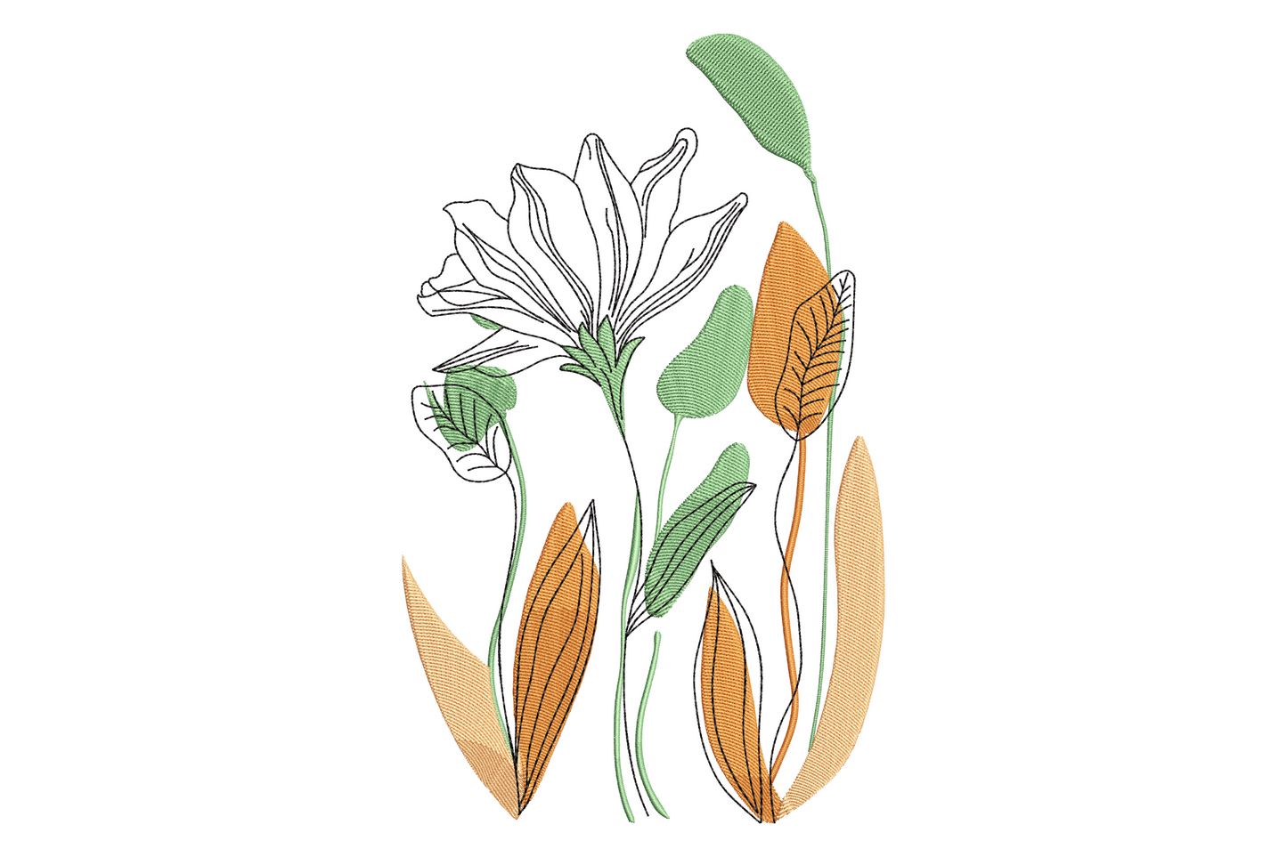 Modern botanical flower embroidery design in matte black single thread on cream linen, clean satin outline petals with directional stitching